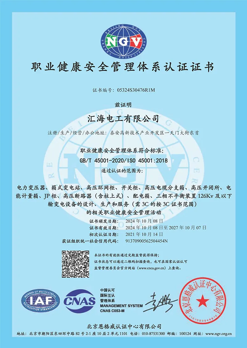 Occupational Health and Safety Management System Certification Certificate