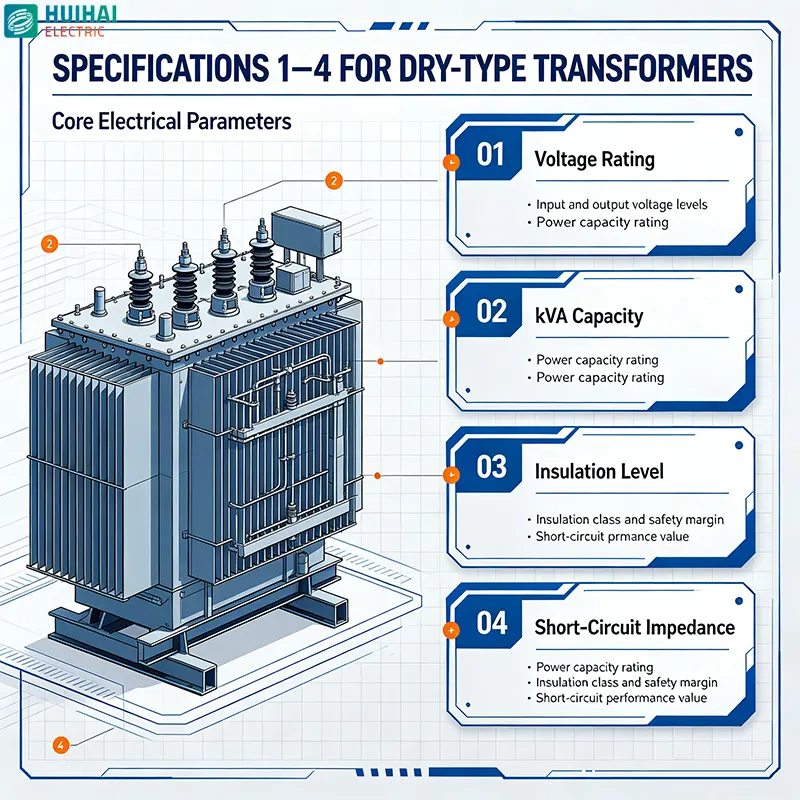Specifications 1-4 for dry-type transformers – voltage rating, kVA capacity, insulation level, short-circuit impedance