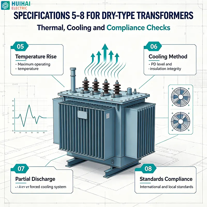 Specifications 5-8 for dry-type transformers – temperature rise, cooling method, partial discharge, standards compliance