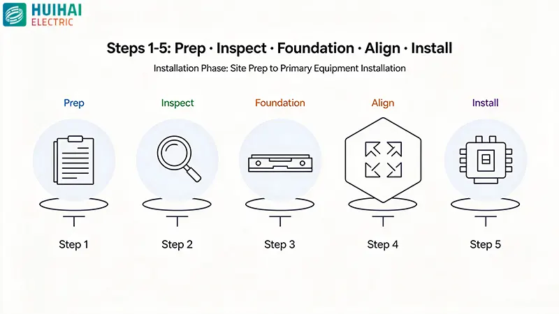 High voltage switchgear installation steps 1-5 – preparation, inspection, foundation, alignment, primary equipment