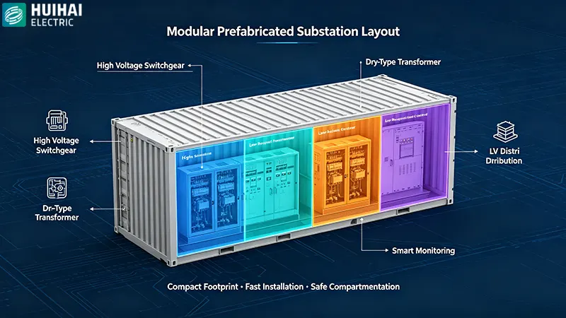 Modular prefabricated substation layout showing high voltage switchgear, dry-type transformer, LV distribution and smart monitoring compartments Modular prefabricated substation layout showing high voltage switchgear, dry-type transformer, LV distribution and smart monitoring compartments
