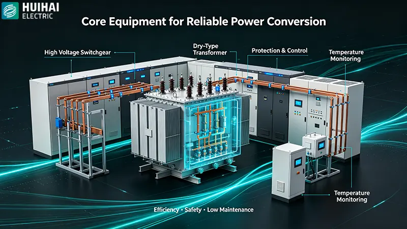 Core equipment inside a prefabricated substation: high voltage switchgear, dry-type transformer, protection control and temperature monitoring Core equipment inside a prefabricated substation: high voltage switchgear, dry-type transformer, protection control and temperature monitoring