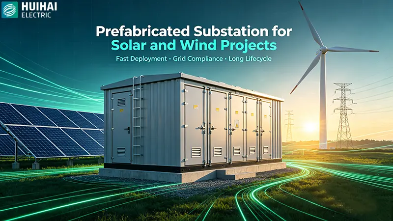 Prefabricated substation for solar and wind projects with solar panels, wind turbines and power grid lines Prefabricated substation for solar and wind projects with solar panels, wind turbines and power grid lines