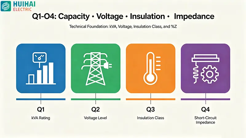 Questions 1-4 for dry-type transformer procurement – kVA rating, voltage, insulation class, short-circuit impedance Questions 1-4 for dry-type transformer procurement – kVA rating, voltage, insulation class, short-circuit impedance