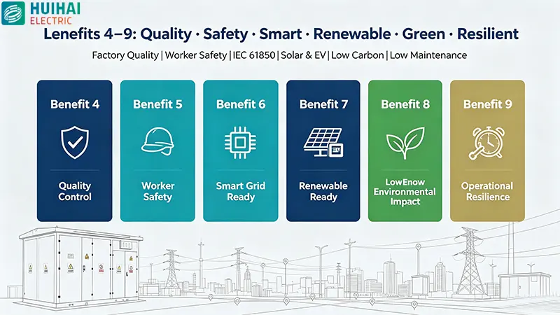 Prefabricated substation benefits 4-9 – factory quality control, safety, smart grid integration, renewable energy, environmental impact, and operational resilience Prefabricated substation benefits 4-9 – factory quality control, safety, smart grid integration, renewable energy, environmental impact, and operational resilience