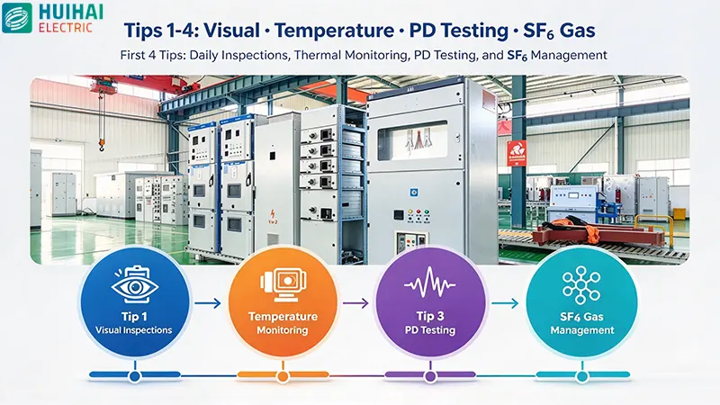 High voltage switchgear maintenance tips 1-4 – daily visual inspections, temperature monitoring, partial discharge testing, and SF6 gas management