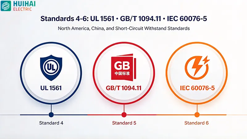 Dry-type transformer standards 4-6 – UL 1561 safety certification, GB/T 1094.11 China standard, and IEC 60076-5 short-circuit withstand