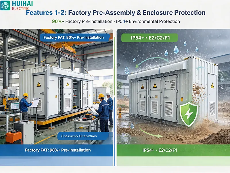 Prefabricated substation features 1-2 – factory pre-assembly with FAT testing and IP54+ enclosure protection for harsh environments Prefabricated substation features 1-2 – factory pre-assembly with FAT testing and IP54+ enclosure protection for harsh environments
