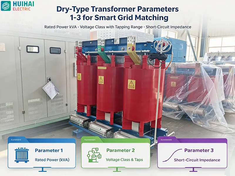 Dry-type transformer parameters 1-3 for smart grid matching – rated power kVA, voltage class with tapping range, and short-circuit impedance for protection coordination Dry-type transformer parameters 1-3 for smart grid matching – rated power kVA, voltage class with tapping range, and short-circuit impedance for protection coordination