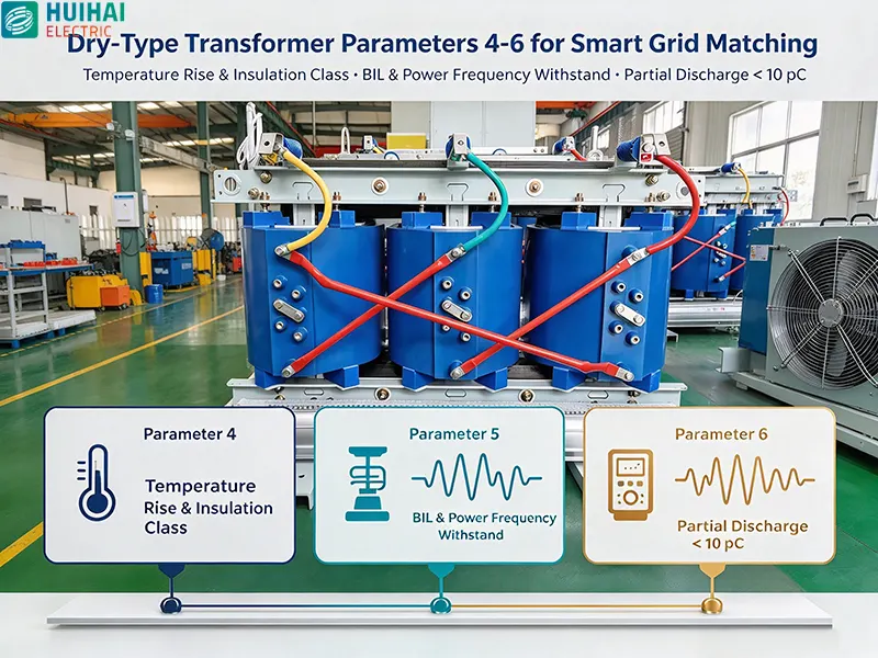 Dry-type transformer parameters 4-6 for smart grid matching – temperature rise limits with insulation class, BIL and power frequency withstand, and partial discharge below 10 pC Dry-type transformer parameters 4-6 for smart grid matching – temperature rise limits with insulation class, BIL and power frequency withstand, and partial discharge below 10 pC